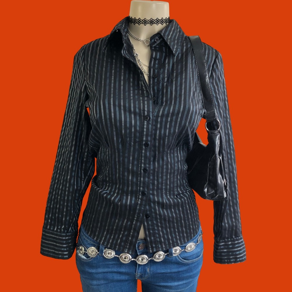 Vintage Y2K APT. 9 Black Blue Pinstripe Button Up Shirt Womens M Office Siren